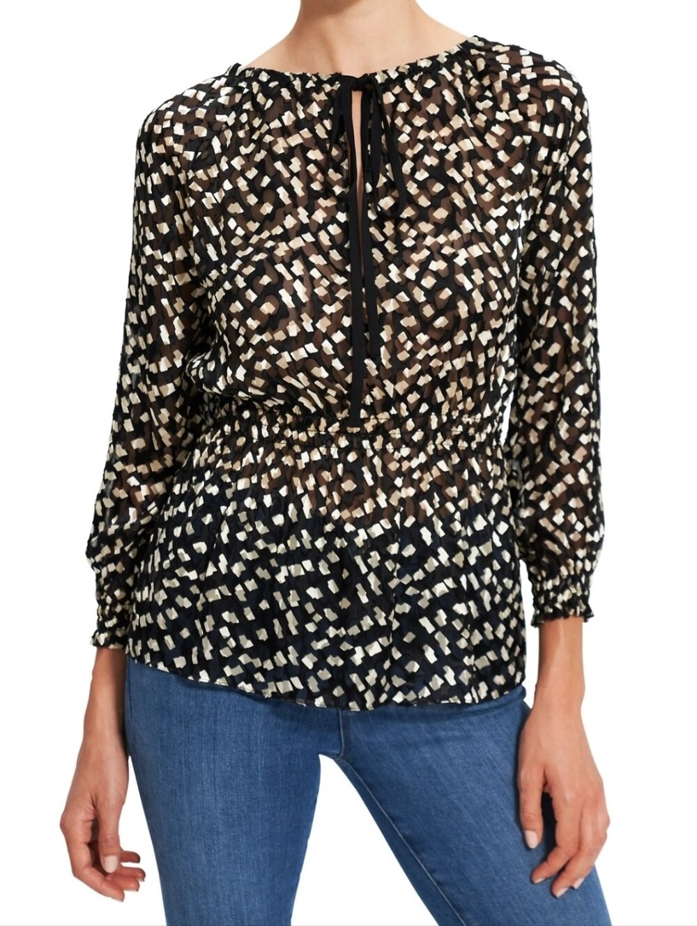 Theory Black Silk Blend Geo Print Keyhole Neckline Blouse Top Women Sz M